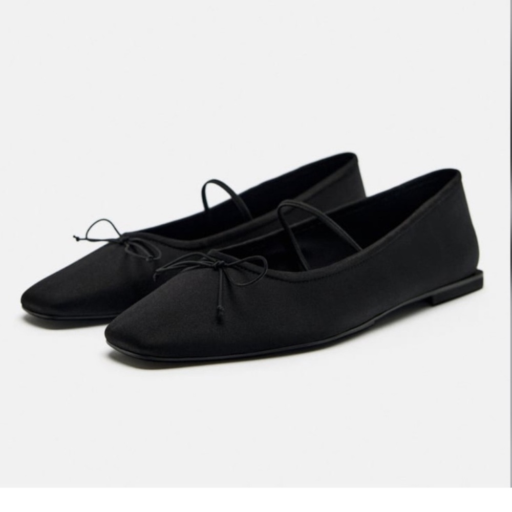 ZARA Black Satin Effect Flats With Bow
